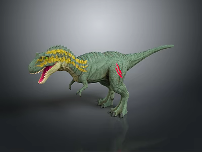 Green Dinosaur Model With Yellow Stripes Spikes On Back Open Mouth And Red Markings 3d model