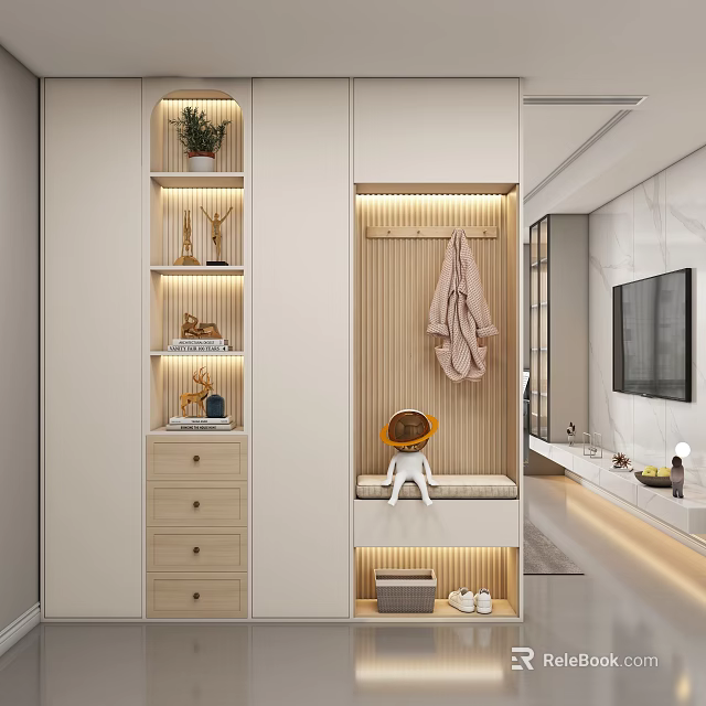 Modern Entryway Cabinet And Side Cabinet Interior With Lighting Hooks Stool And Decor 3d model
