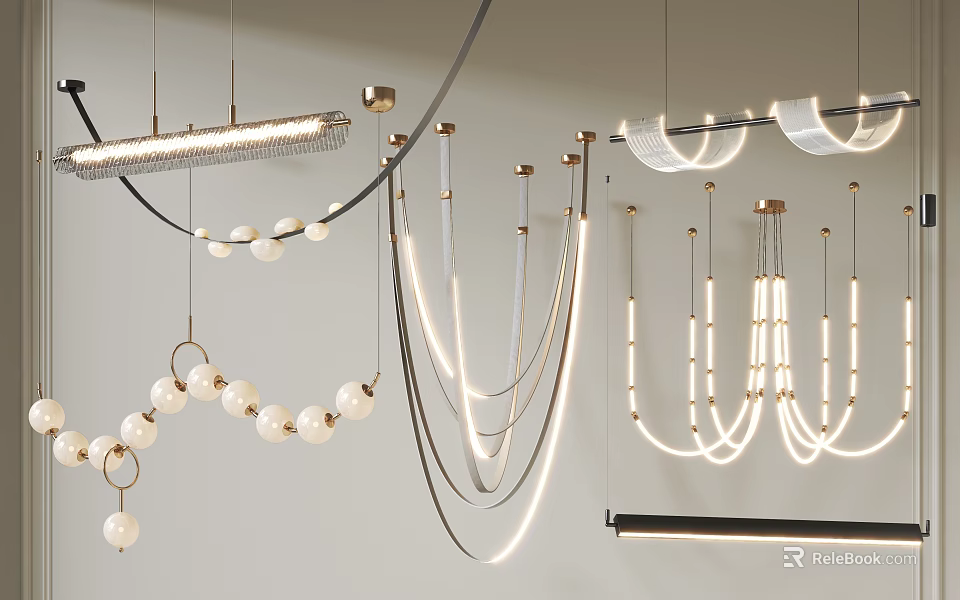 Modern Lighting Combinations With Hanging Chains Sphere Decor Ring Shapes And Light Strips 3d model 