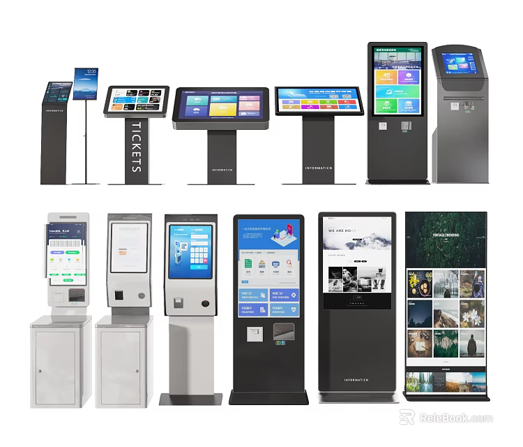 Public Facilities with Various Self Service Kiosks for Tickets Information and Digital Displays 3d model 