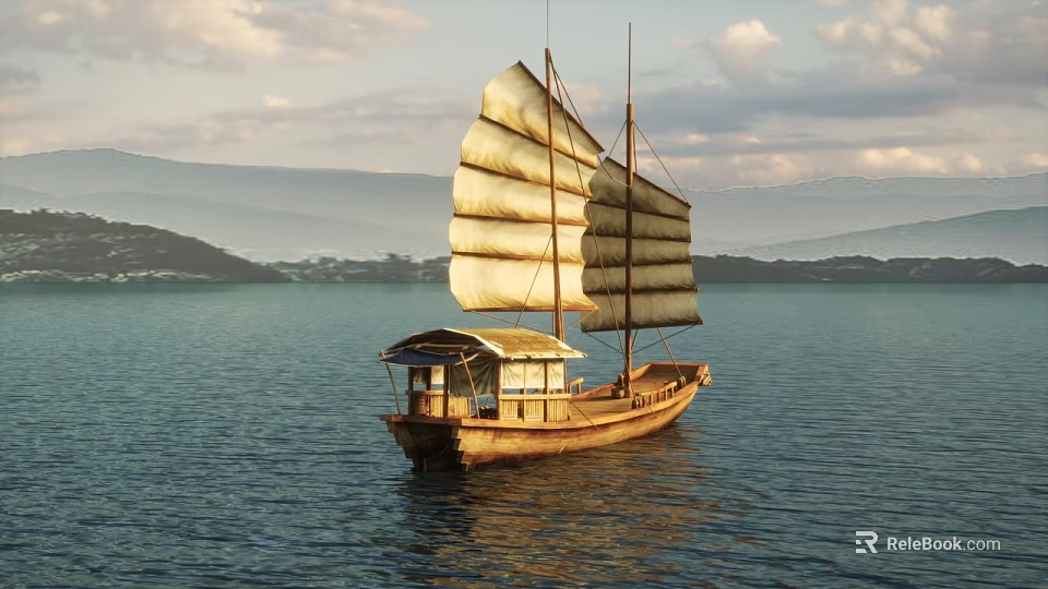 Wooden Sailing Boat With Two Sails On Calm Water Under Cloudy Sky And Distant Mountains 3d model 