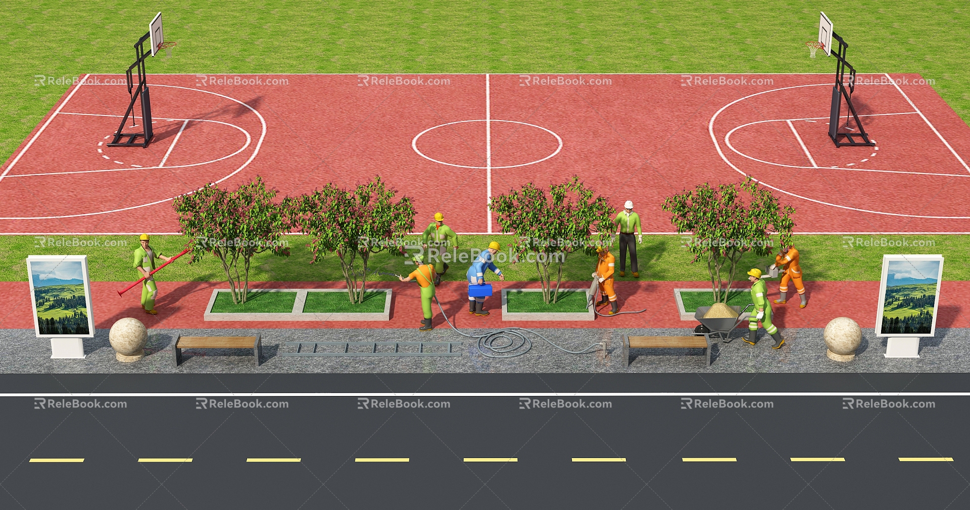 Outdoor basketball court road landscape 3d model