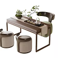 Modern Simple Tea Table and Chairs with Stools Tea Set and Potted Plant 3d model