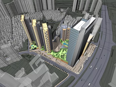 Urban Architectural Complex 3D Model With High-rise Buildings Green Belt And Roads 3d model