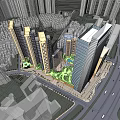 Urban Architectural Complex 3D Model With High-rise Buildings Green Belt And Roads