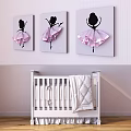 White Baby Crib With Pink And White Quilt Ballet Themed Wall Art On Striped Wall