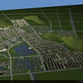 Bird's Eye View Urban Planning With Water Bodies Buildings Road Networks And Green Spaces