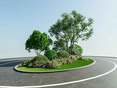 Municipal Road Roundabout With Green Island Trees Shrubs And Lawn 3d model