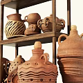 Ceramic Vessels with Various Handcrafted Designs Displayed on Wooden Shelf Including Teapots and Jars