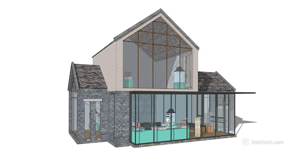 Modern Guesthouse Building With Sloped Roof Large Glass Windows And Stone Walls 3d model 