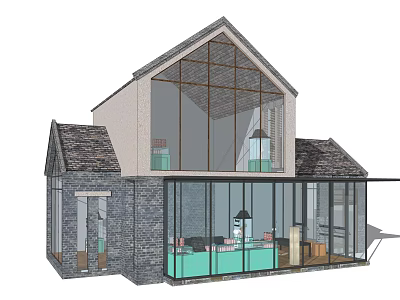 Modern Guesthouse Building With Sloped Roof Large Glass Windows And Stone Walls 3d model