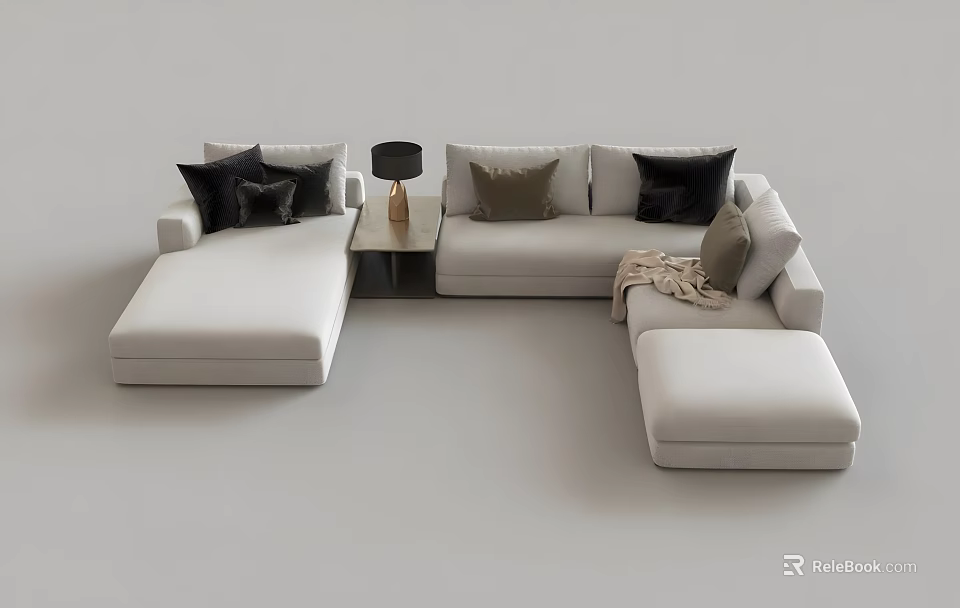 Modern L Shaped Sofa And Coffee Table Set With Throw Pillows Table Lamp And Ottoman 3d model