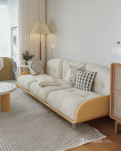 Cream Three Seater Sofa With Wooden Frame Checkered Pillows And Lamp In Living Room 3d model 