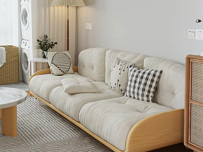 Cream Three Seater Sofa With Wooden Frame Checkered Pillows And Lamp In Living Room 3d model