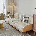 Cream Three Seater Sofa With Wooden Frame Checkered Pillows And Lamp In Living Room