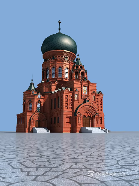 Orthodox Church Religious Architecture With Green Dome Red Brick Walls And White Steps 3d model 