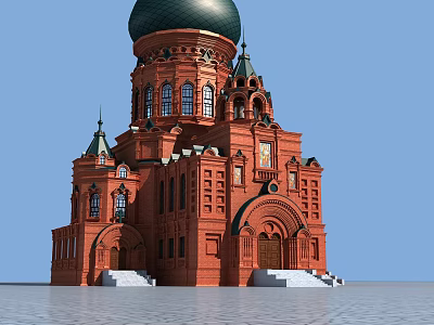 Orthodox Church Religious Architecture With Green Dome Red Brick Walls And White Steps 3d model