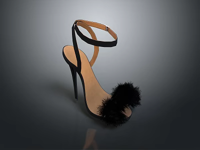 Stylish Black High Heels with Ankle Strap Stiletto Heel and Feather Decoration on Light Sole 3d model
