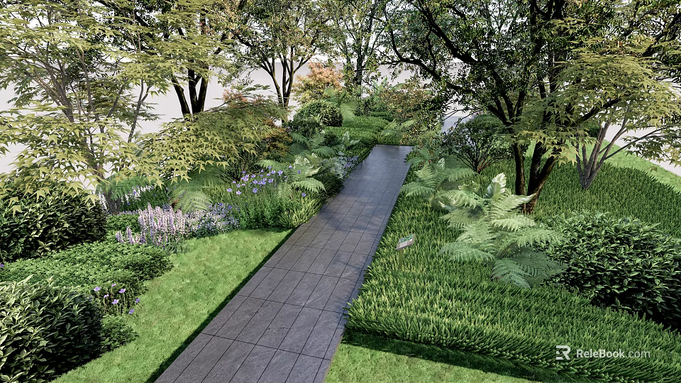 Lush Garden With Colorful Flowers Ferns And Stone Path Surrounded By Trees 3d model 