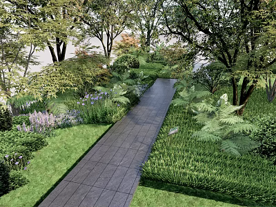 Lush Garden With Colorful Flowers Ferns And Stone Path Surrounded By Trees 3d model