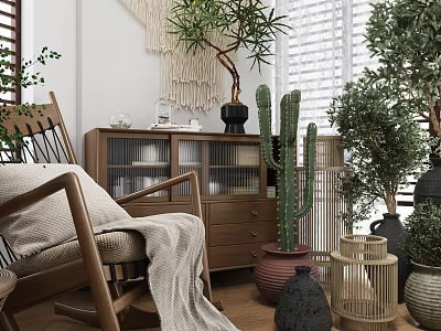 Cozy Wooden Leisure Chair With Soft Blanket And Green Plants Near Window Blinds And Bookcase 3d model