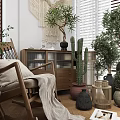 Cozy Wooden Leisure Chair With Soft Blanket And Green Plants Near Window Blinds And Bookcase