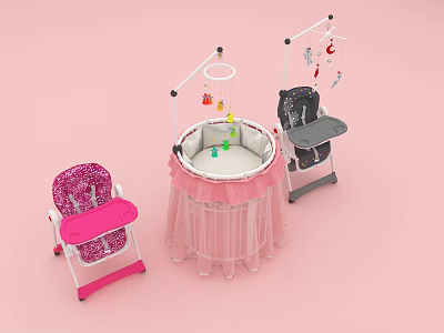 Pink Baby Crib With Hanging Mobile And Surrounding Baby Furniture Set 3d model