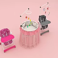 Pink Baby Crib With Hanging Mobile And Surrounding Baby Furniture Set