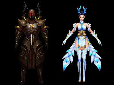 Game Movie Characters Featuring Heavy Golden Armor And White Blue Feather Outfits 3d model