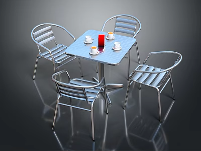 Modern Metal Outdoor Table Set With Four Striped Chairs Red Cups And White Saucers 3d model