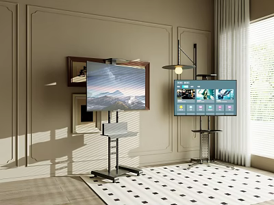 Two TVs Wall Mounted and on Stand in Modern Living Room With Decorative Rug 3d model