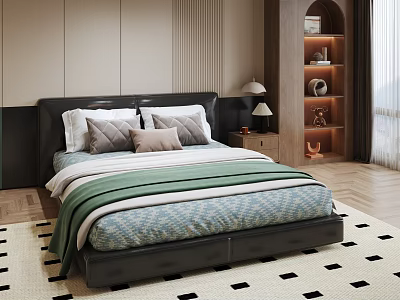 Modern Double Bed With Black Leather Headboard Pillows Green Striped Blanket And Nightstand Lamp 3d model
