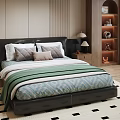 Modern Double Bed With Black Leather Headboard Pillows Green Striped Blanket And Nightstand Lamp