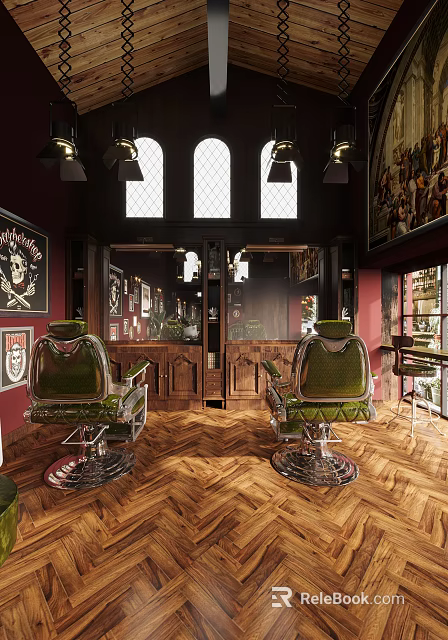 Vintage Hair Salon Interior with Green Barber Chairs Red Walls and Wooden Counter 3d model 