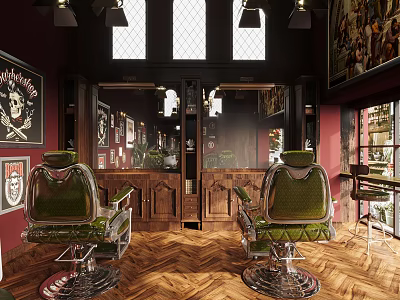 Vintage Hair Salon Interior with Green Barber Chairs Red Walls and Wooden Counter 3d model