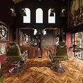 Vintage Hair Salon Interior with Green Barber Chairs Red Walls and Wooden Counter