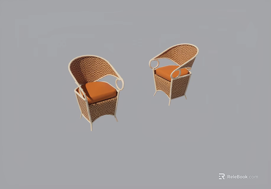 Set of Two Wicker Leisure Chairs With Orange Cushions And Armrests 3d model 