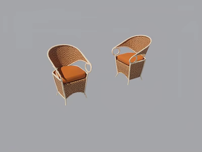 Set of Two Wicker Leisure Chairs With Orange Cushions And Armrests 3d model