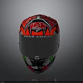 Red Motorcycle Helmet Featuring Black Green Patterns And Marc Marquez Logo