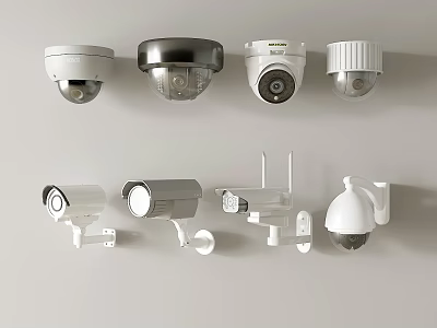 Multiple Types of Wall Mounted Surveillance Cameras Including Dome and Bullet Varieties 3d model