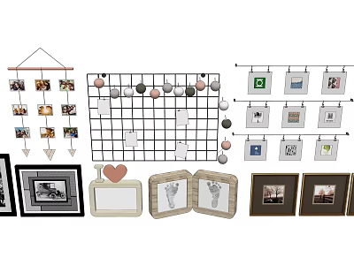 Stylish Photo Wall Design With Mixed Frames Grid Panel And Decorative Balls 3d model