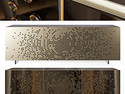Elegant Modern TV Stand With Perforated Metal Design And Decorative Gold Bronze Finish 3d model