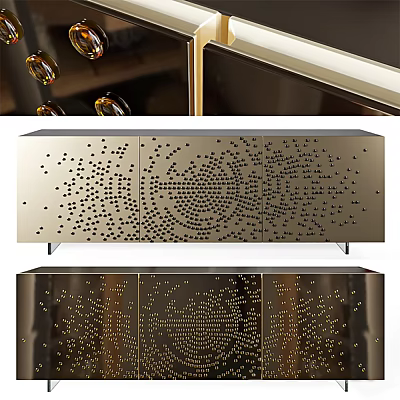 Elegant Modern TV Stand With Perforated Metal Design And Decorative Gold Bronze Finish 3d model
