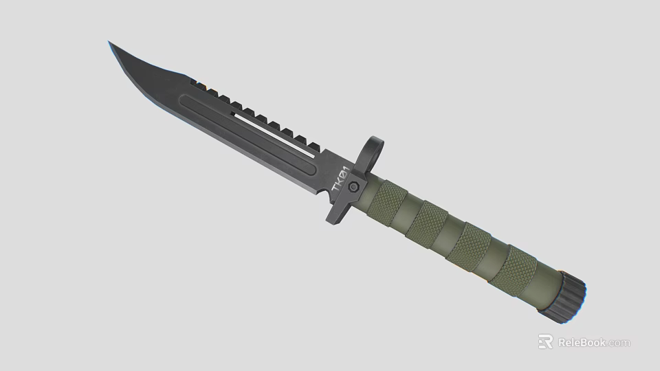 Tactical Military Knife With Green Textured Handle And Serrated Black Blade K125 Model 3d model 