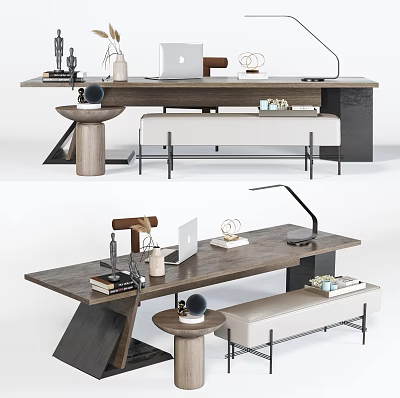 Modern Office Desk With Laptop Desk Lamp Books Decorative Items And Bench 3d model