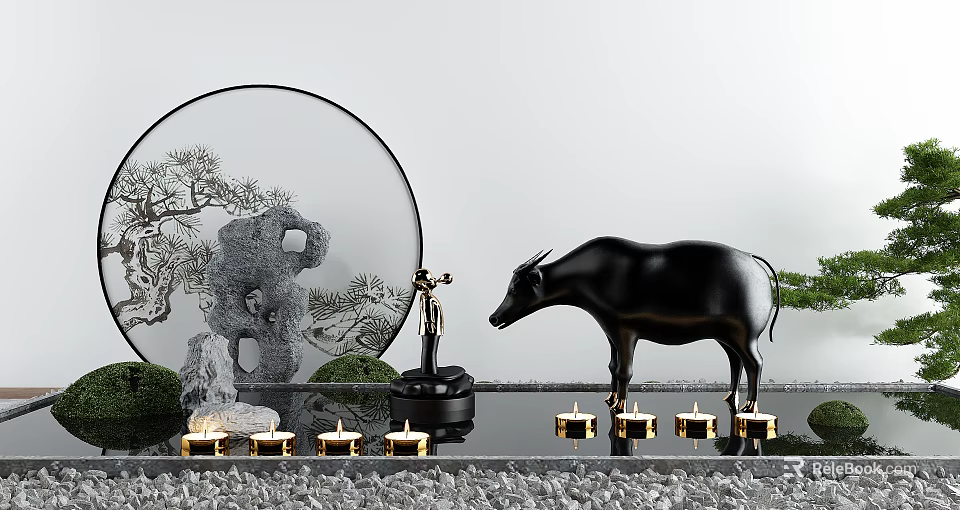 Garden Ornamental Decor with Circular Mirror Pine Design Black Ox Statue Golden Candles 3d model 
