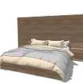 Modern Double Bed with Wooden Headboard and Cozy Bedding Pillows 3d model