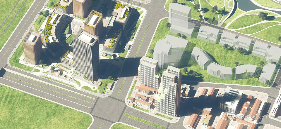Modern Industrial Park With High Rise Buildings Green Spaces And Urban Layout Design 3d model 