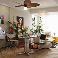 Modern Living Dining Room Interior Design With Sofa Colorful Rug Green Plants And Chandelier