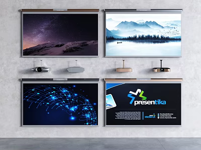 Projection Screens Displaying Starry Sky Mountain Landscape Network Patterns And Presentation Slides 3d model